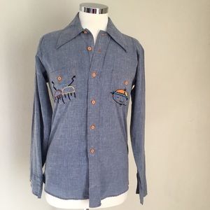 Vintage Perma Prest Sears Button Down Embroidered